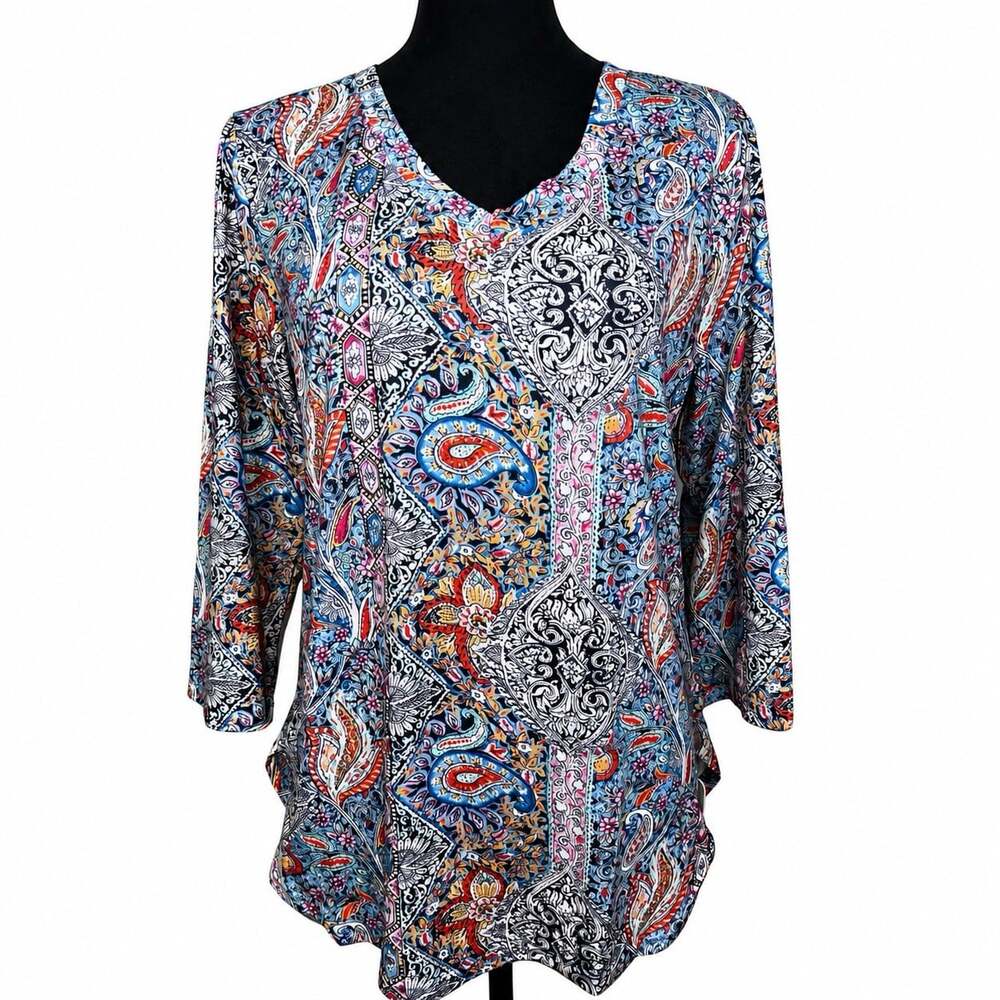 KTILG Paisley Tunic Shirt Top Size Medium 3/4 Sleeve V Neck Multi Color NWT
